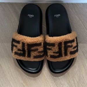 FENDI Zucca FF Logo Shearling Slides - size 38
